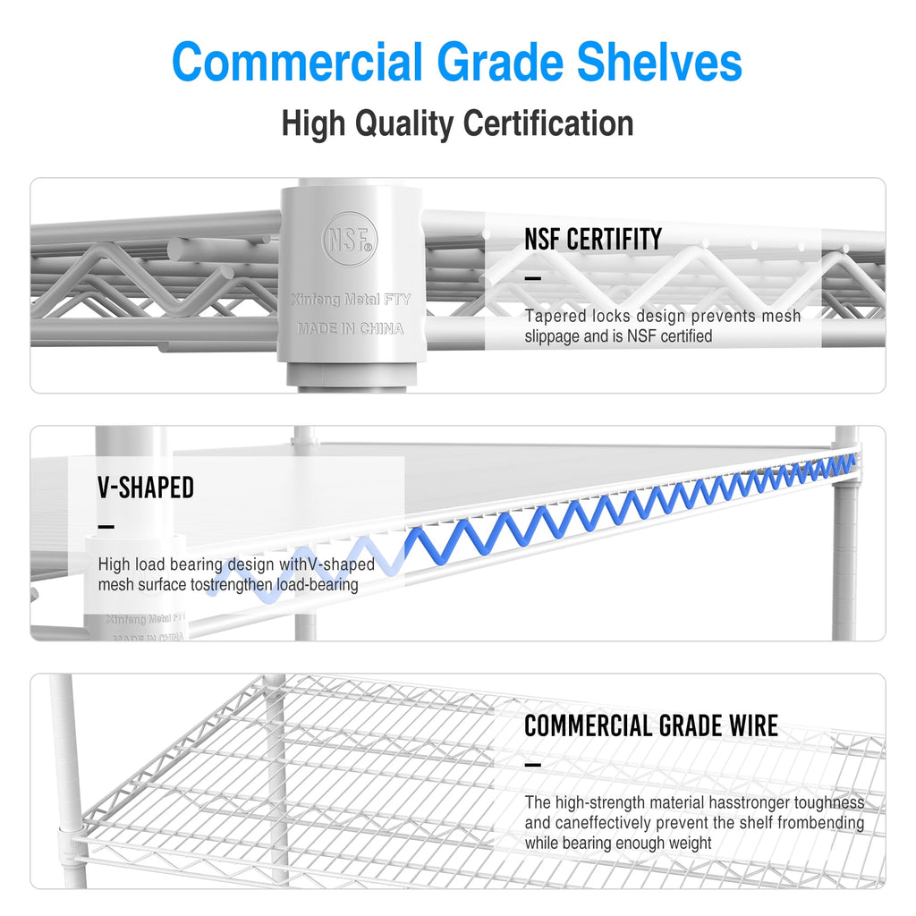 COOKCOK 5-Tier Wire Shelving Unit, 600lbs Heavy Duty Adjustable Metal Storage Shelf with Wheels, 82" H x 60" L x 24" D Garage Shelf with PE Mat, Leveling Feet, NSF Certified, White