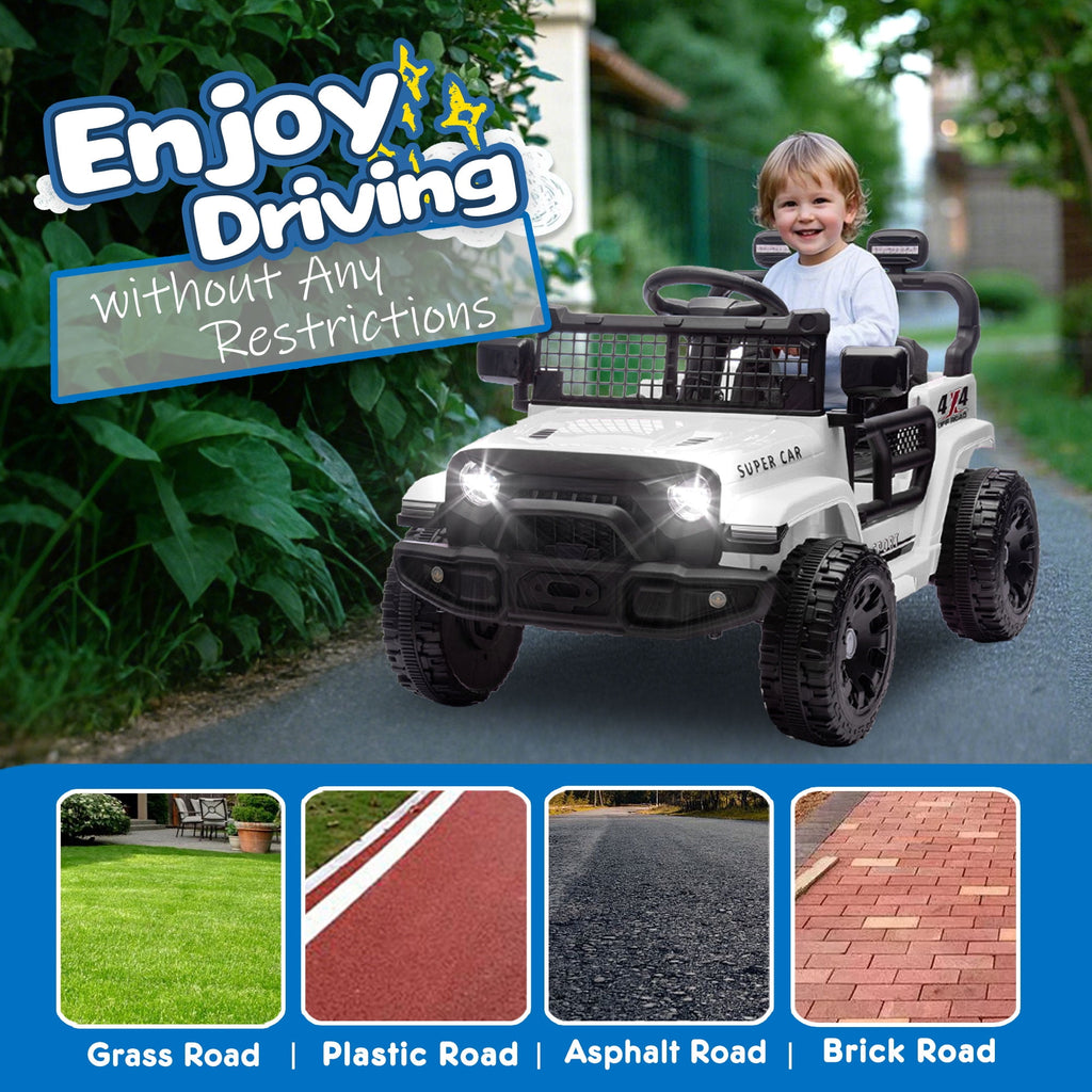 Track 7 24V Kids Ride-On Car with Remote Control, 2WD, Four-Wheel Suspension with Large Wheel Design, Power Display, Bluetooth, MP3 Player, LED Lights, and Speed Control for Ages 2-5, White