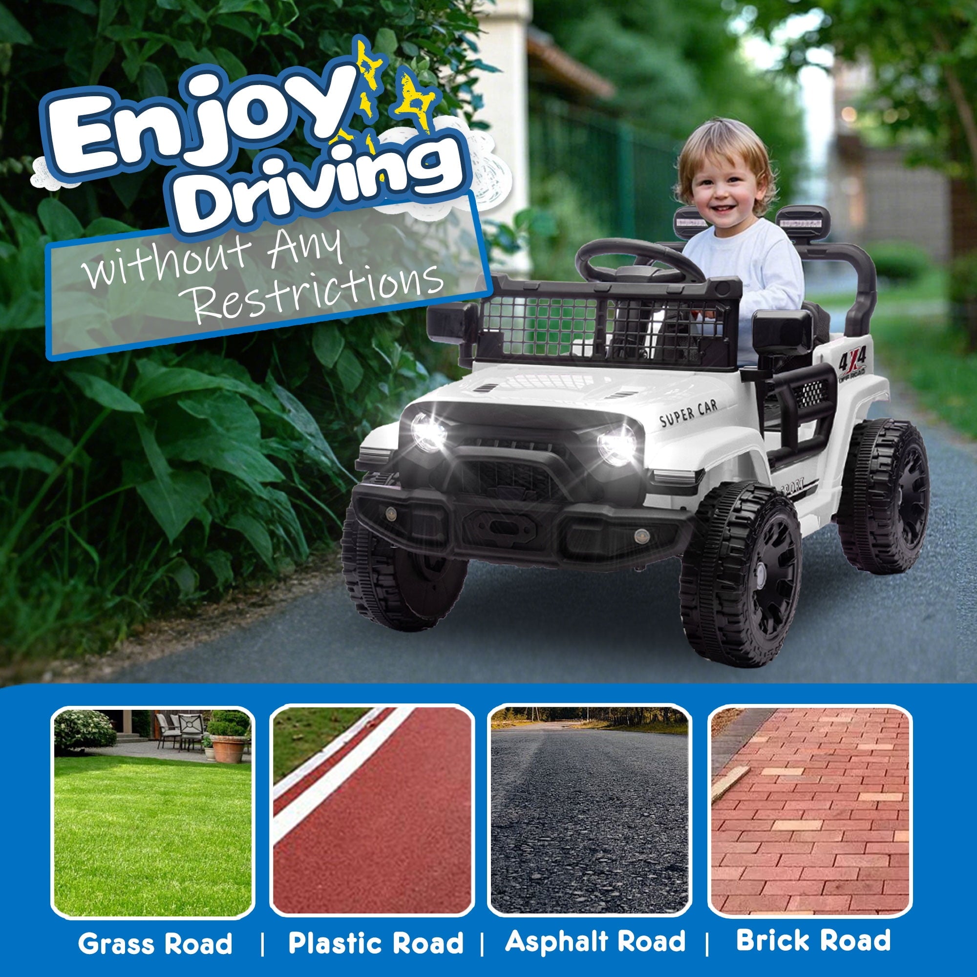 Track 7 24V Kids Ride-On Car with Remote Control, 2WD, Four-Wheel Suspension with Large Wheel Design, Power Display, Bluetooth, MP3 Player, LED Lights, and Speed Control for Ages 2-5, White