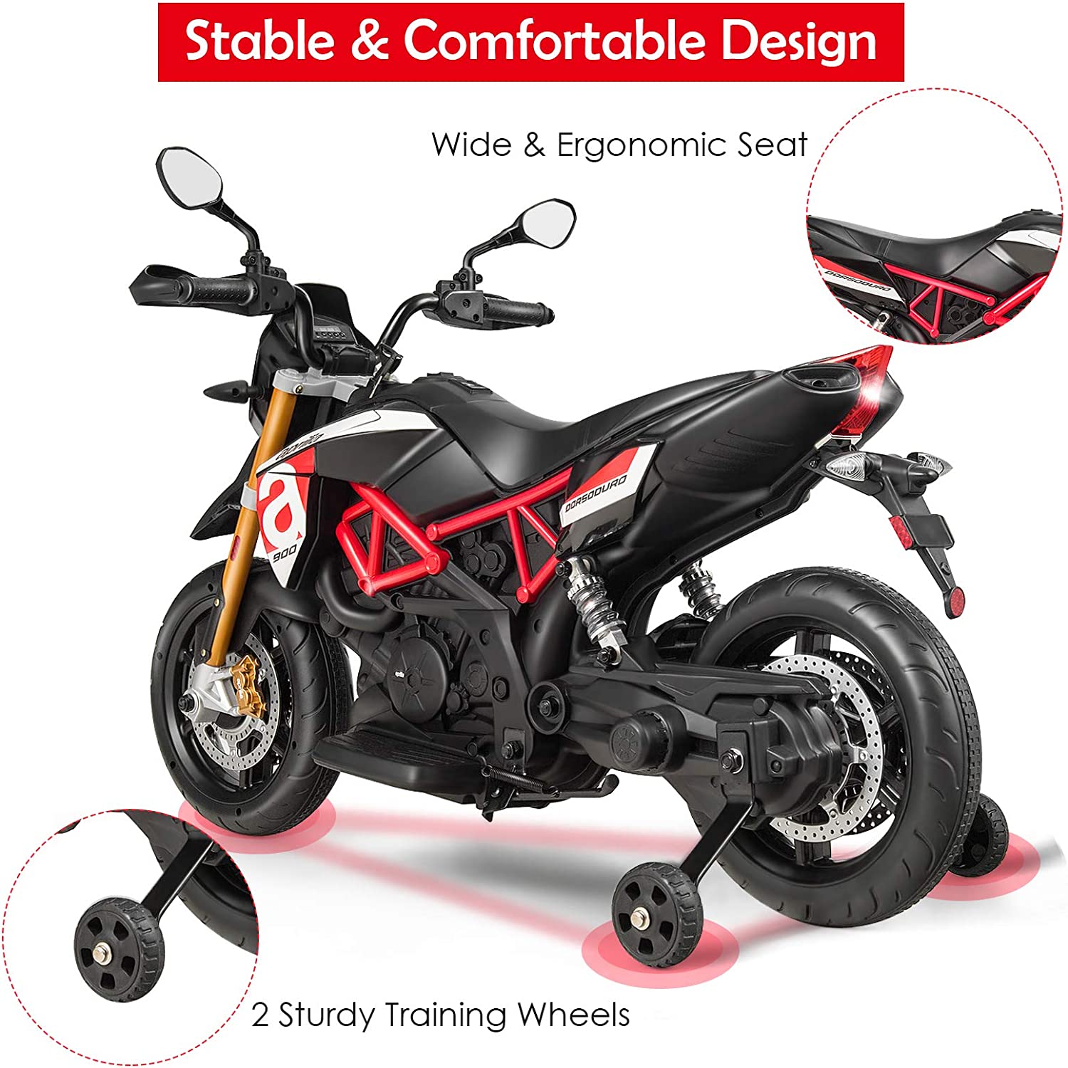 Track 7 Kids Motorcycle,12V Ride on Motorcycle w/Training Wheels,Electric Motorcycle Toy Headlight & Music