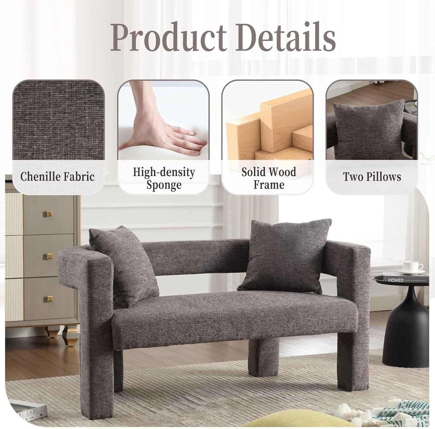 BISHE Modern Chenille Loveseat Sofa, Plush 2-Seater Couch for Small Spaces, Upholstered Accent Sofa Bed with Soft Fabric, Compact Apartment Sofa for Living Room & Bedroom, Grey