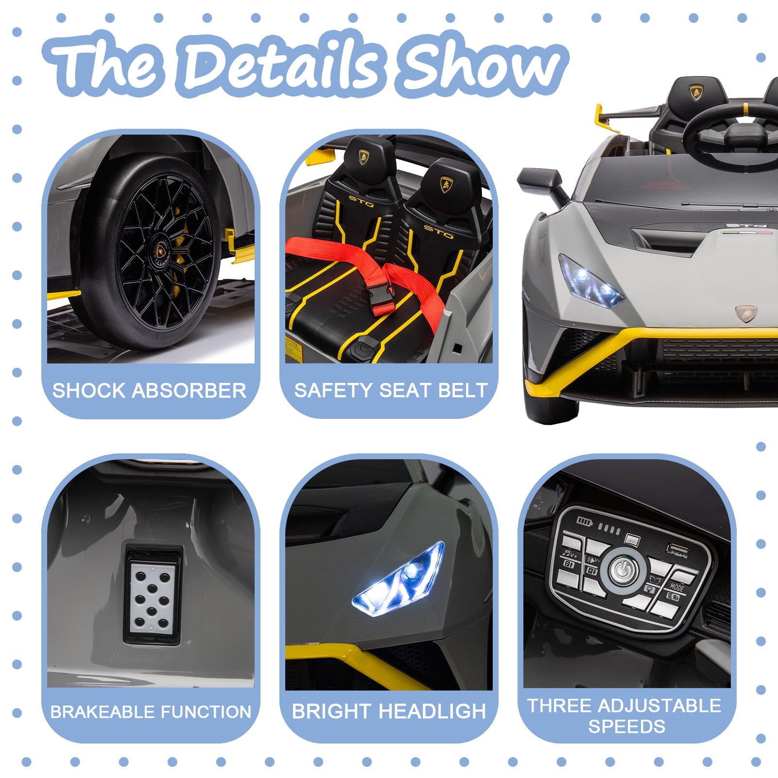LISUEYNE 24V Licensed Lamborghini STO Ride on Car, Drift Electric Car for Boys Girls Age 3+, Remote Control, Music, Max Speed 6mph, Grey