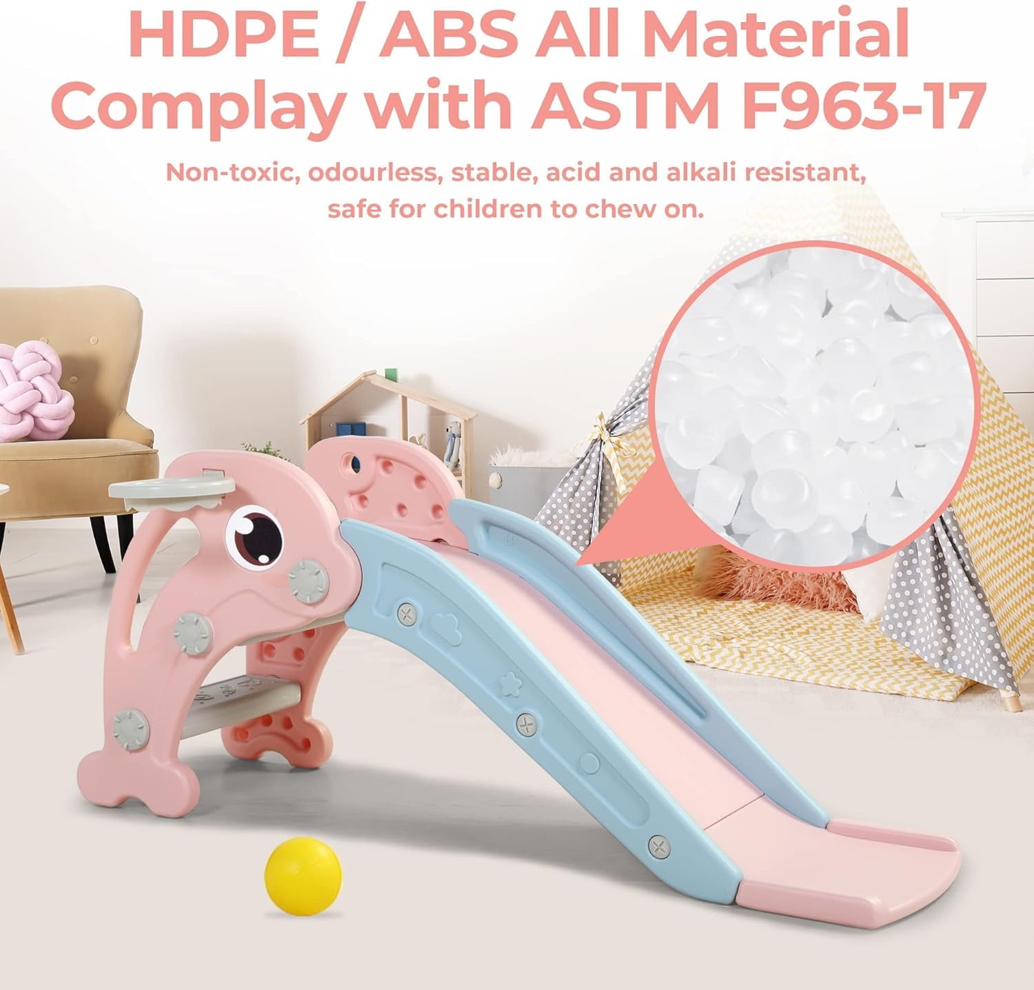 Track Seven Toddler Slide Playset with Climber, Basketball Hoop & Ball - Indoor/Outdoor Playground for Kids，Pink