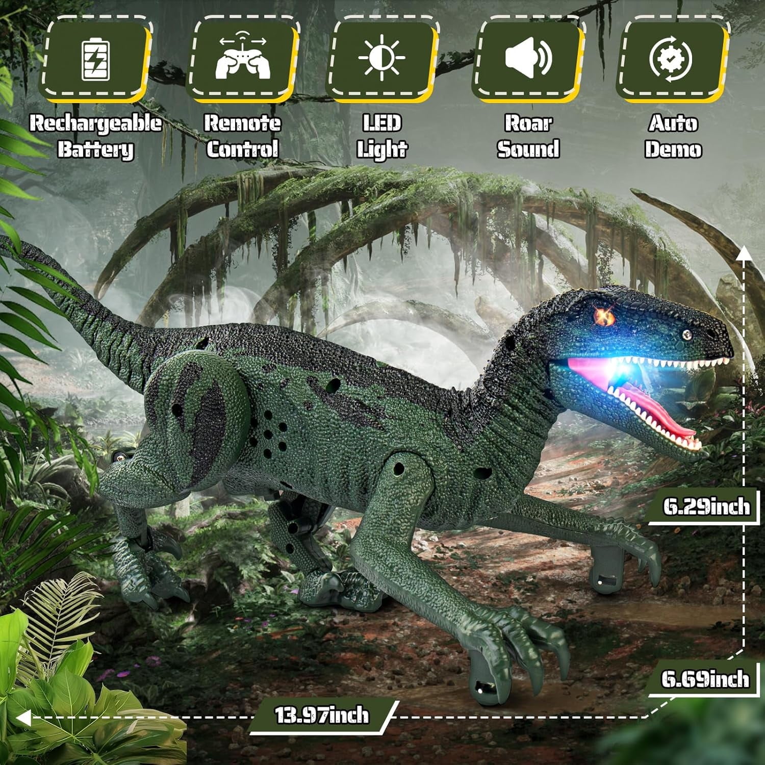 Track Seven Dinosaur Toys for Kids 3-5, 5-7, 8-12, 2.4GHz Remote Control Dinosaur with Walking, Realistic Sounds, Demo Mode, Rechargeable Jurassic Toys for Birthdays, Parties, Children’s Day, Green