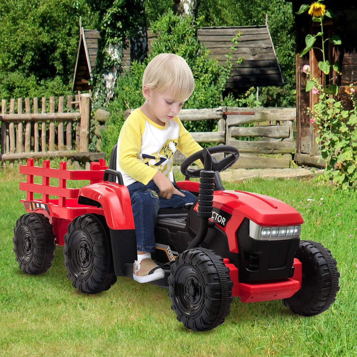 LISUEYNE 12V Ride on Tractor with Trailer,  Electric Car with Music, USB, LED Lights, Ride on Car for Kids Age 3-6 Years, Max Speed 5mph, Red