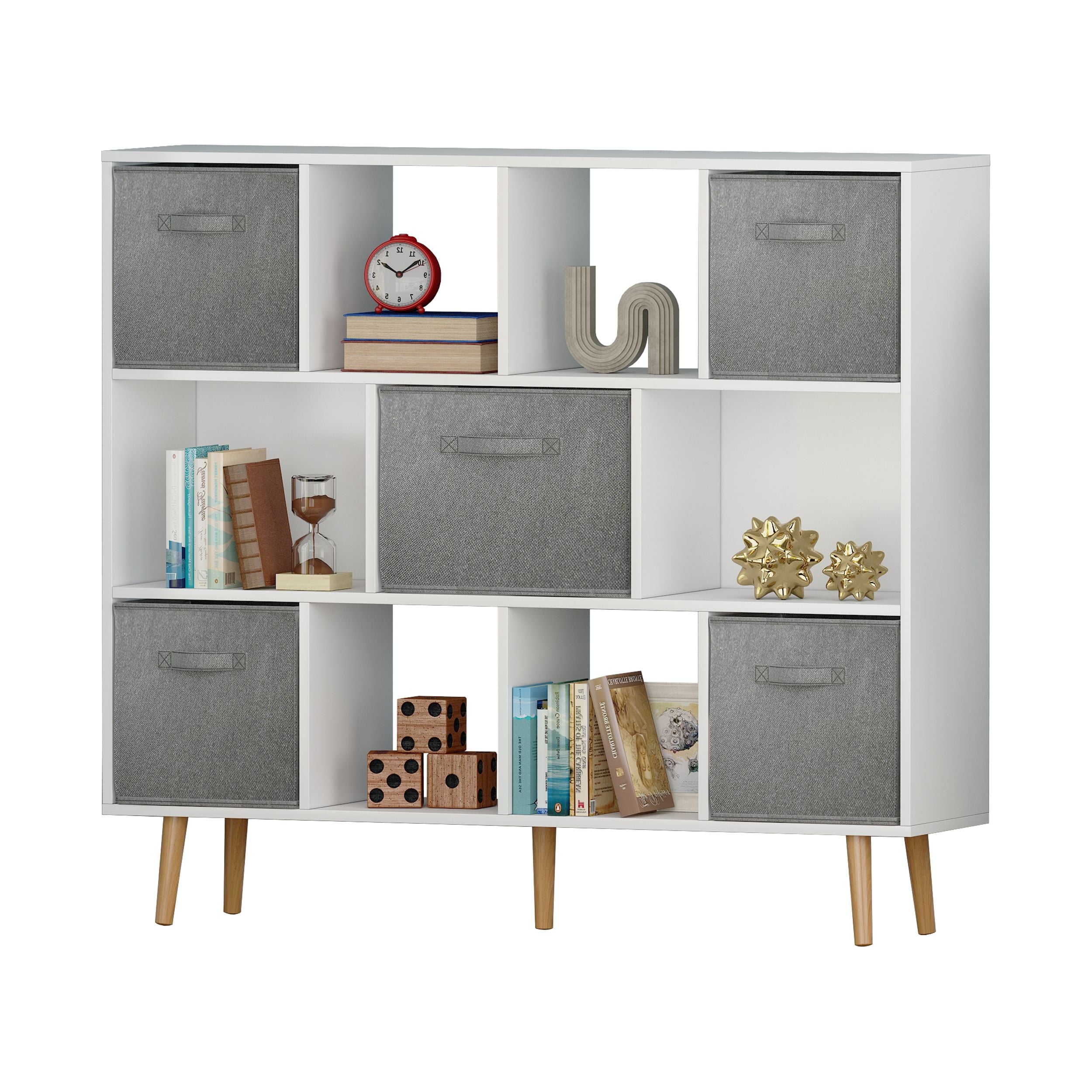 COOKCOK 11-Cube Storage Organizer, Bookshelf with Storage Bins, 4 Tier Freestanding Open Bookshelf with 5 Nonwoven Fabric Drawers,White