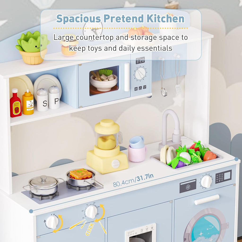 Track Seven Play Kitchen for Kids, Wooden Kids Kitchen Playset with Storage and Realistic Details, Pretend Play Kitchen Set with Ice Maker, Clicking Knobs, Sink, Washing Machine For Toddlers Ages 3+