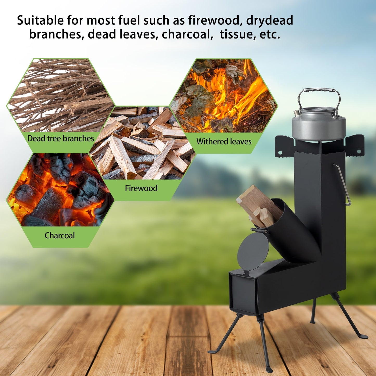 COOKCOK Camping rocket stove, Chimney Covered, Foldable, 9.44"D x 17"W x 22"H, Alloy Steel, Black