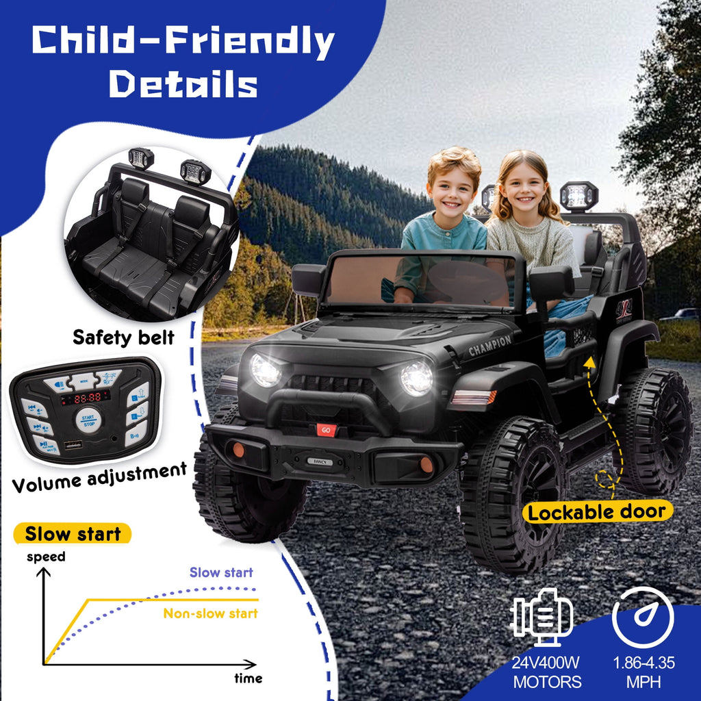 Track Seven 24V Ride on Truck, 2 Seater Ride On Toy Car for Big Kids, 19.7" Large Wide Seat, 4WD Electric Truck Car with Music, Bluetooth, Light and Searchlight, Max Speed 4.35 mph, Black