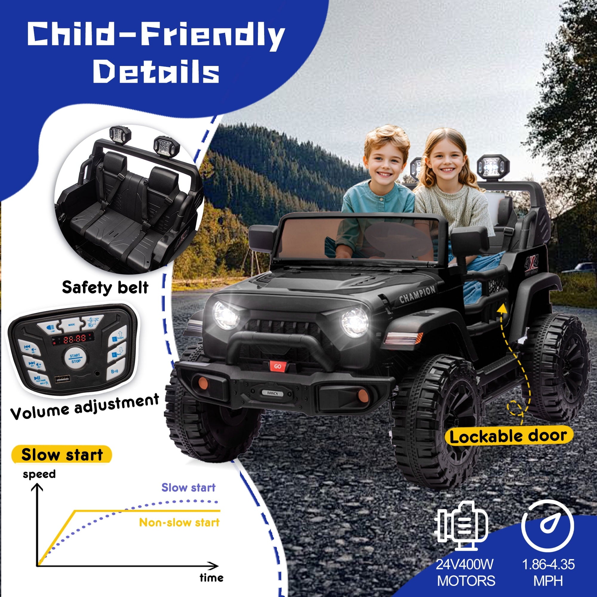 Track Seven 24V Ride on Truck, 2 Seater Ride On Toy Car for Big Kids, 19.7" Large Wide Seat, 4WD Electric Truck Car with Music, Bluetooth, Light and Searchlight, Max Speed 4.35 mph, Black