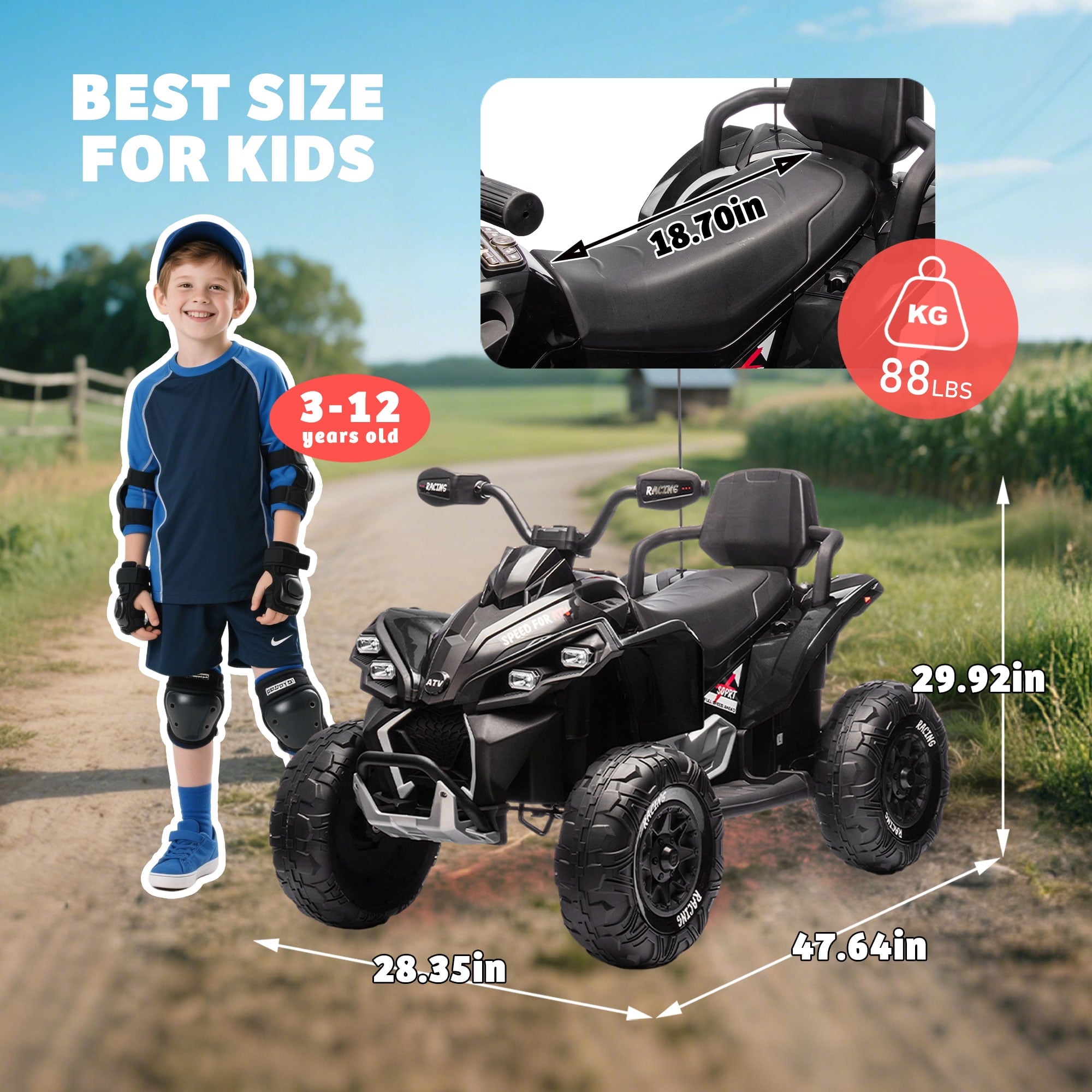 Track Seven 24V Kids Ride-On ATV, Four Wheeler Quad Electric Car with Remote, 2 Speeds, Bluetooth, LED Light, English Storytelling, Shock Absorber, Kids Electric ATV for Boys Girls Aged 3+, Black