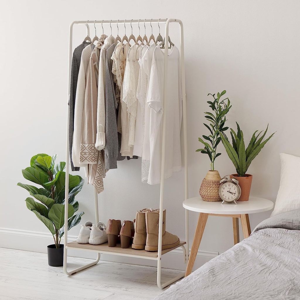 COOKCOK Clothes Rack for Hanging Clothes with Bottom Wood Shelf, Freestanding Clothing Rack, Easy to Assemble Garment Rack, Metal, Sturdy,Small Space Storage Rack,White