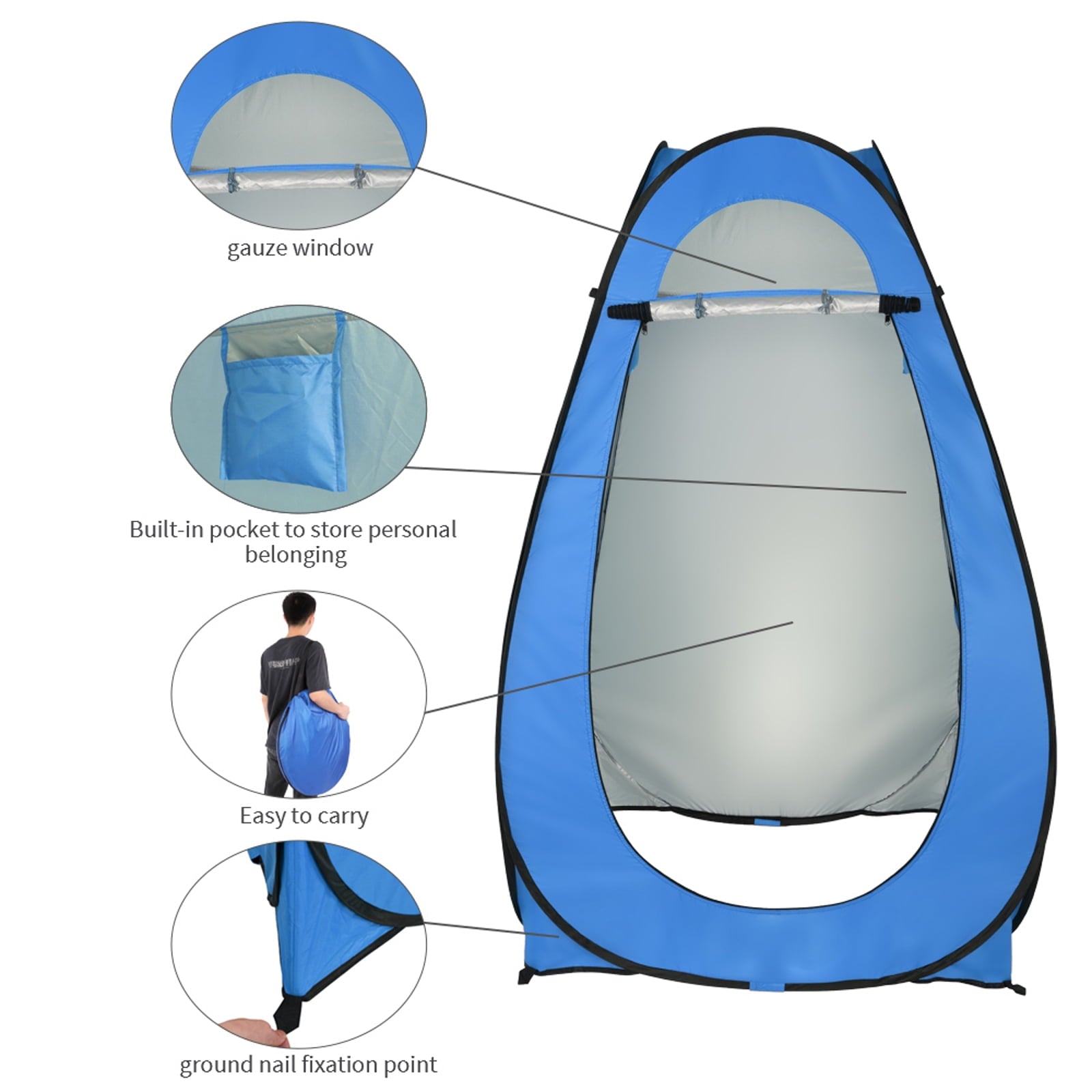 COOKCOK Dressing Tent, Camping Shelter, Pop Up Toilet Shower Tent, Changing Room, 1-2 Person Portable, 47.2"L x 47.2"W x 74.8"H, Blue
