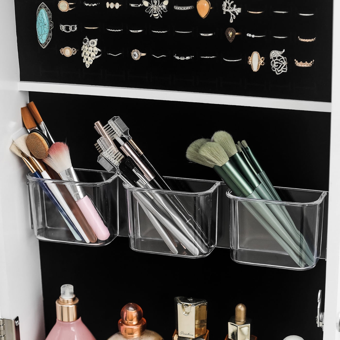 COOKCOK Jewelry Armoire with Full Length Mirror, Wall/Door Mounted Armoire Cabinet, PVC Wood Jewelry Storage for Necklaces, Earrings, Cosmetic, White