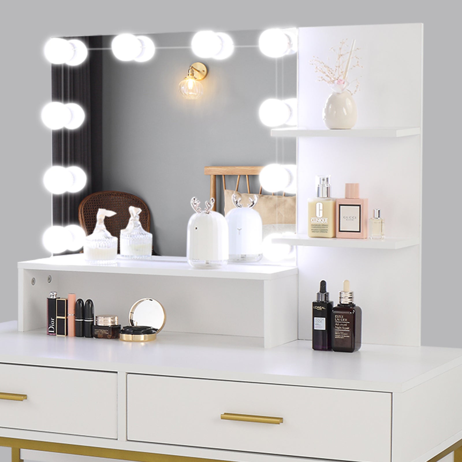 COOKCOK Vanity Desk with Lights, Makeup Table with Cushioned Stool, 3 Storage Shelves 2 Drawers, Dressing Table Dresser Desk for Women, Girls, Bedroom, White