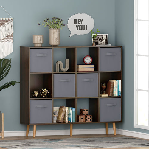 COOKCOK 12-Cube Storage Organizer, Bookshelf with Storage Bins, 4 Tier Freestanding Open Bookshelf with 6 Nonwoven Fabric Drawers,Brown