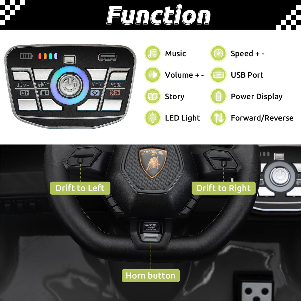 Track 7 24V Kids Ride on Car, Licensed Lamborghini STO Electric Car for Boys Girls, 2-Seater Ride on Drift Car with Remote Control, Music, 360° Spin, Max Speed 6mph, Green