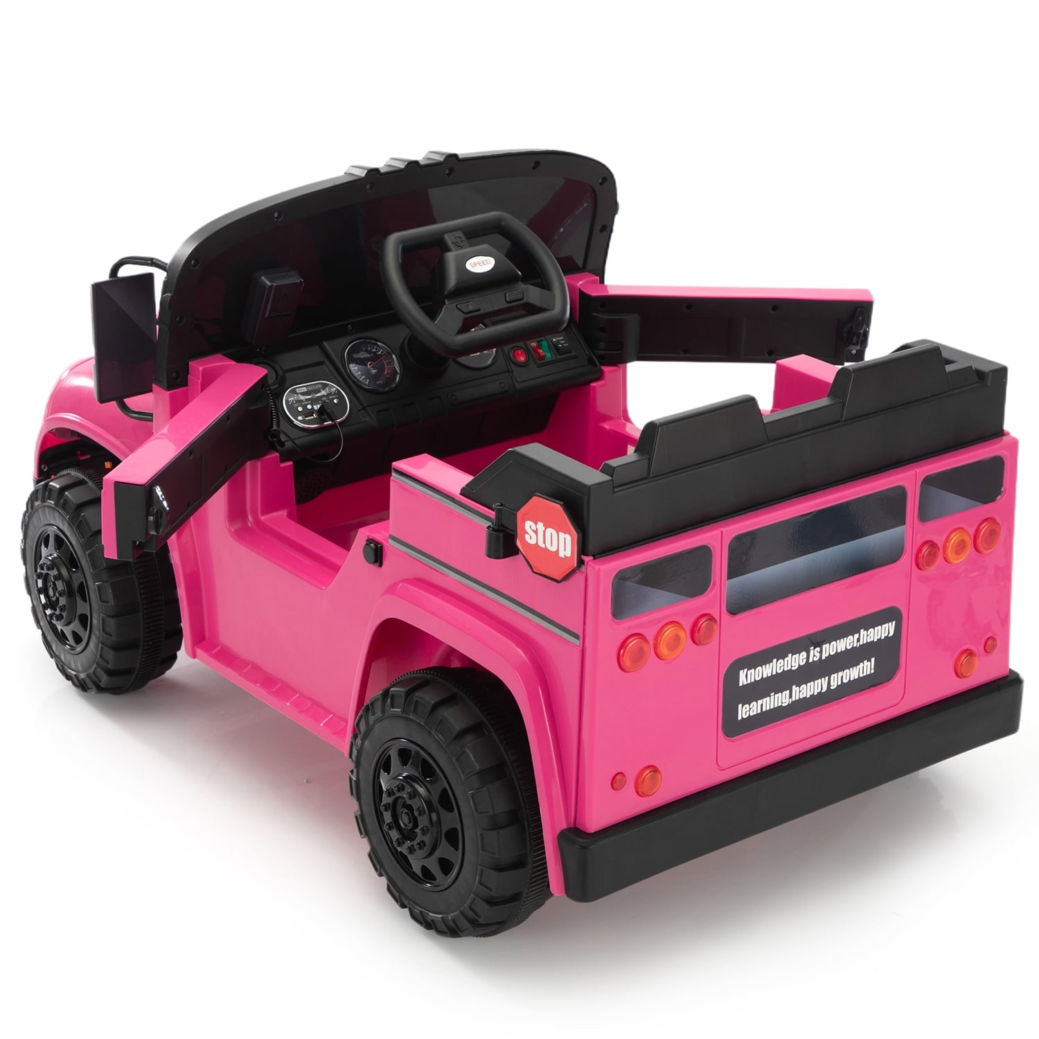 Track 7 12V Ride on Car, Kids School Bus with Remote Control, Walkie-Talkies, LED Lights, Electric Truck Car for Boys Girls Age 3+, Rose Red