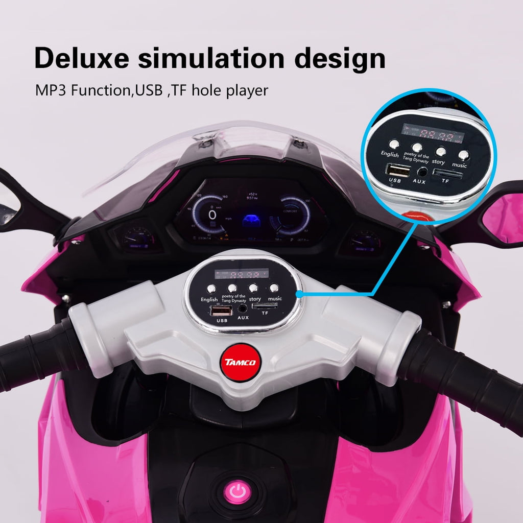 Track 7 12V Kids Ride on Motorcycle, 3 Wheels Electric Trike Motorcycle for Boys and Girls, Light Wheels, Music, Headlights, Pink