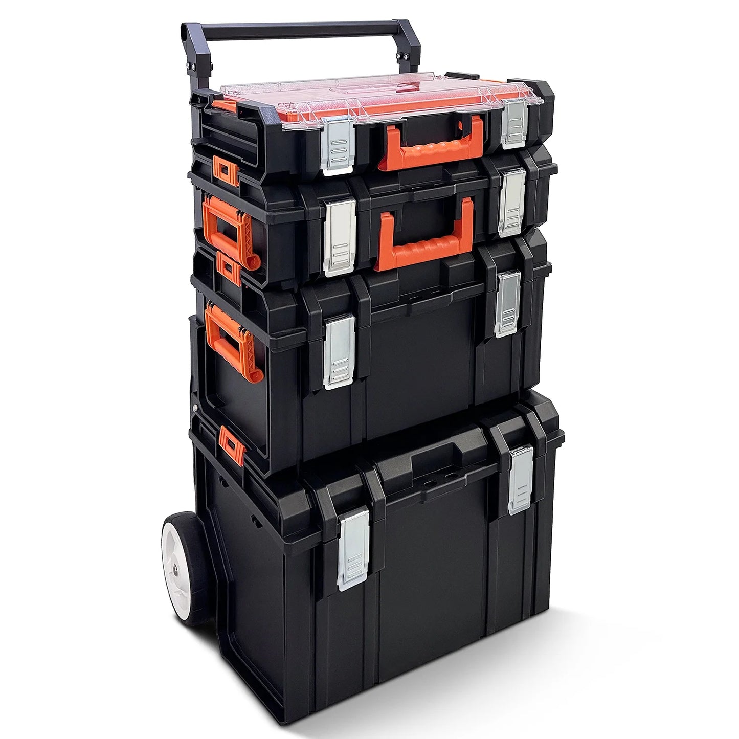COOKCOK Stackable Storage System - 4 Pieces Set, Rolling Tool Box Set Mobile Tool Chest Storage Organizer Portable . Mobile Utility Cart with Comfort Grip Handle and Tough Latches, Black