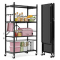 COOKCOK 4-Tier Storage Shelving Unit, Metal Shelf, Adjutable Height, Foldable Storage Shelf with Wheels, Garage Shelf, Kitchen Shelf, Side Protective, 400lbs Capacity, Black