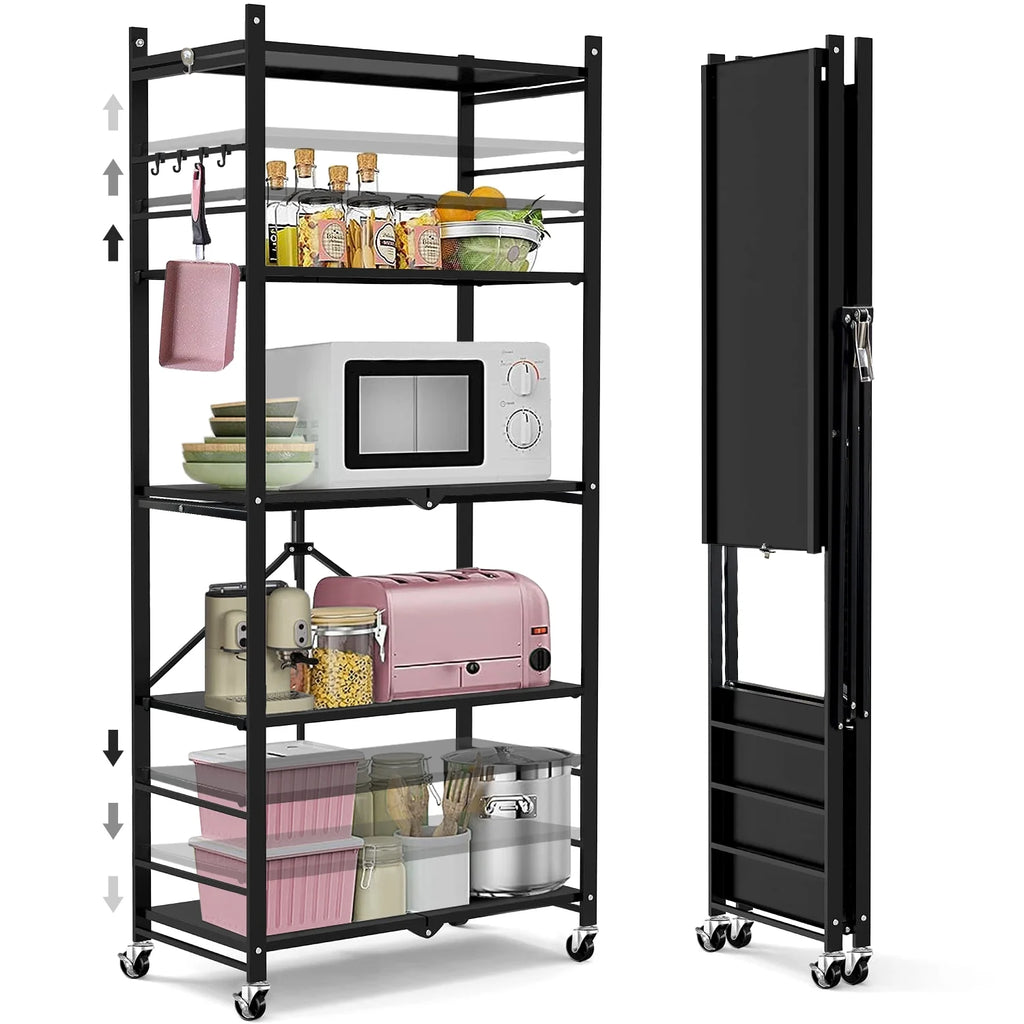 COOKCOK 5-Tier Storage Shelving Unit, Metal Shelf, Adjutable Height, Foldable Storage Shelf with Wheels, Garage Shelf, Kitchen Shelf, Side Protective, 550lbs Capacity, Black