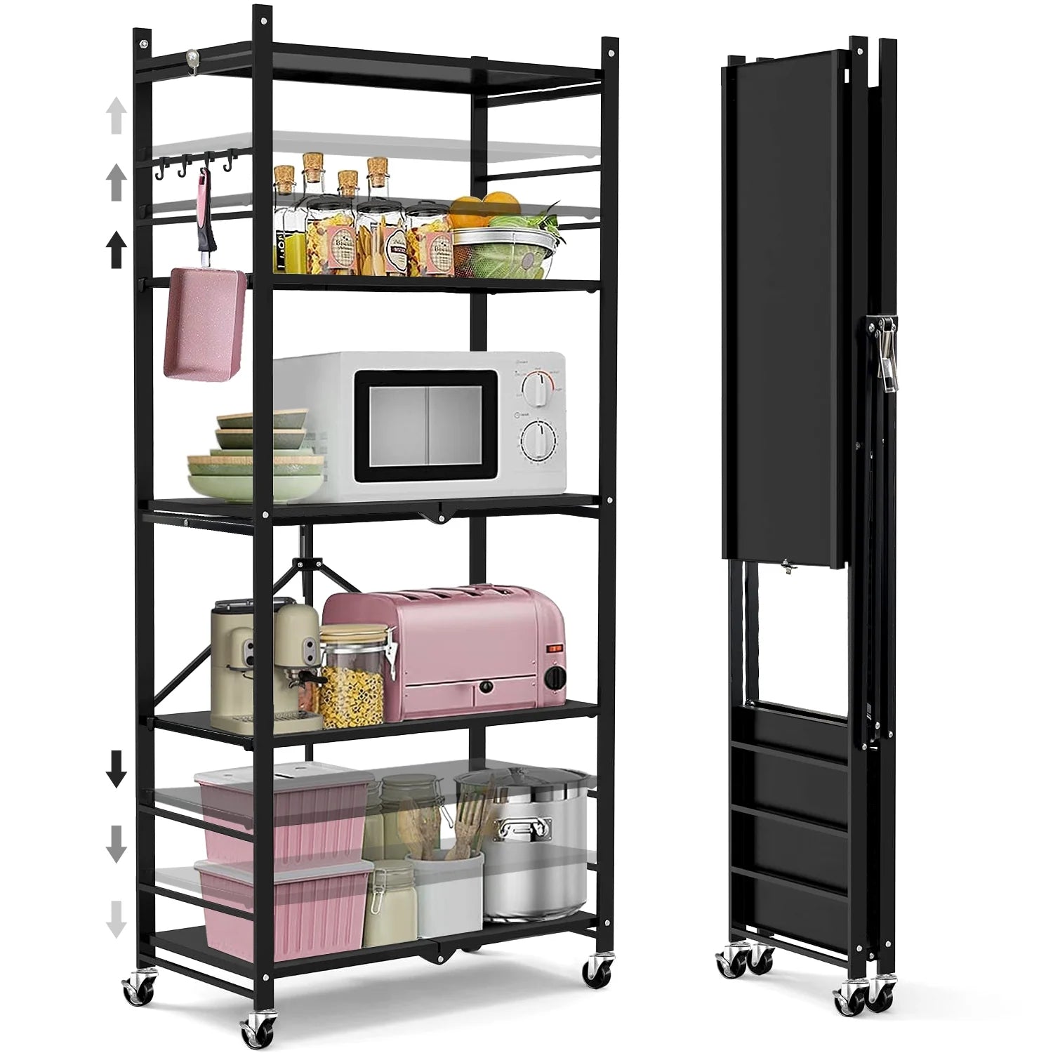 COOKCOK 5-Tier Storage Shelving Unit, Metal Shelf, Adjutable Height, Foldable Storage Shelf with Wheels, Garage Shelf, Kitchen Shelf, Side Protective, 550lbs Capacity, Black