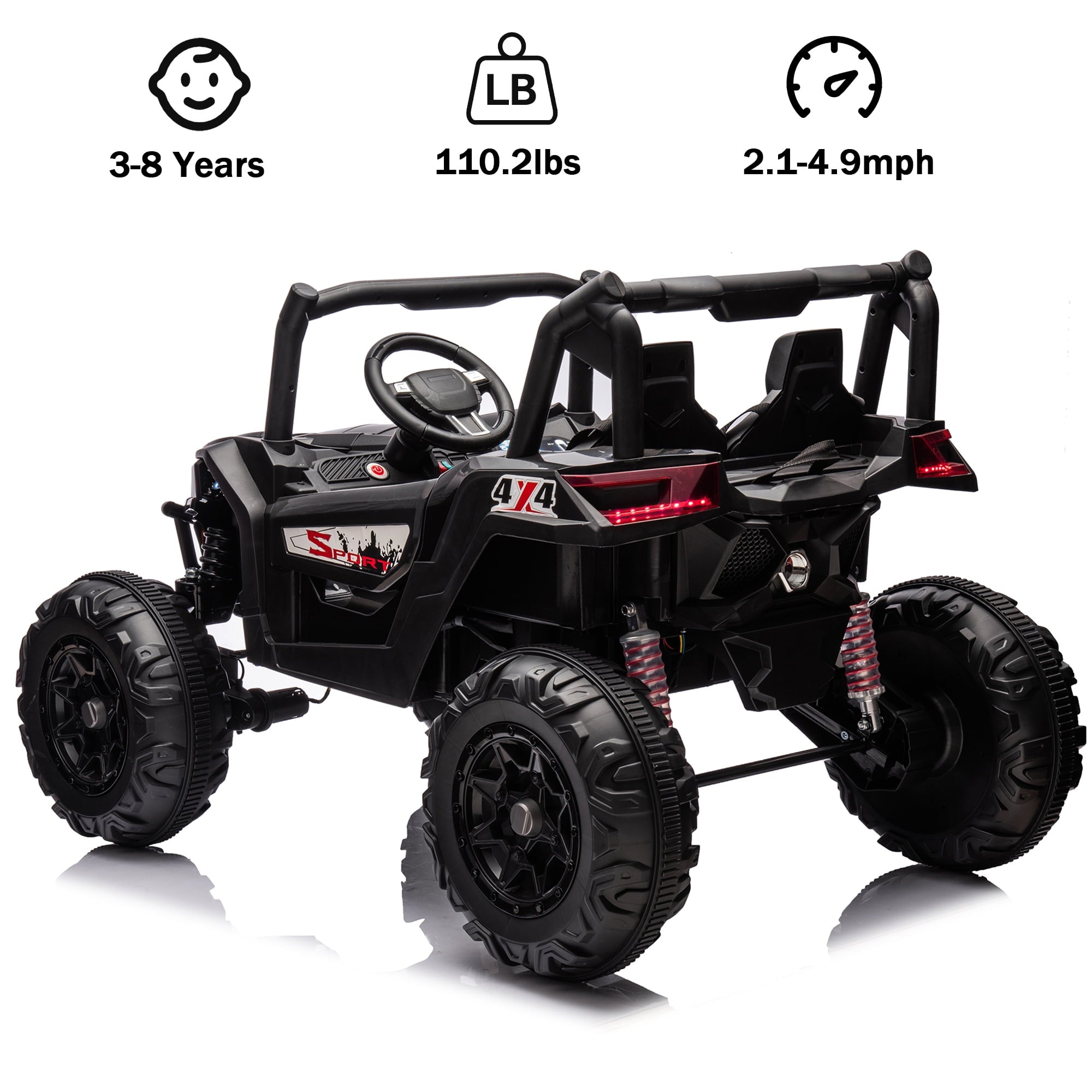 Track 7 24V Ride on UTV, 2-Seater Ride on Car with Remote Control, Music, 2 Speed, Key Start, 4x4 Ride on Off-Road Truck, Black