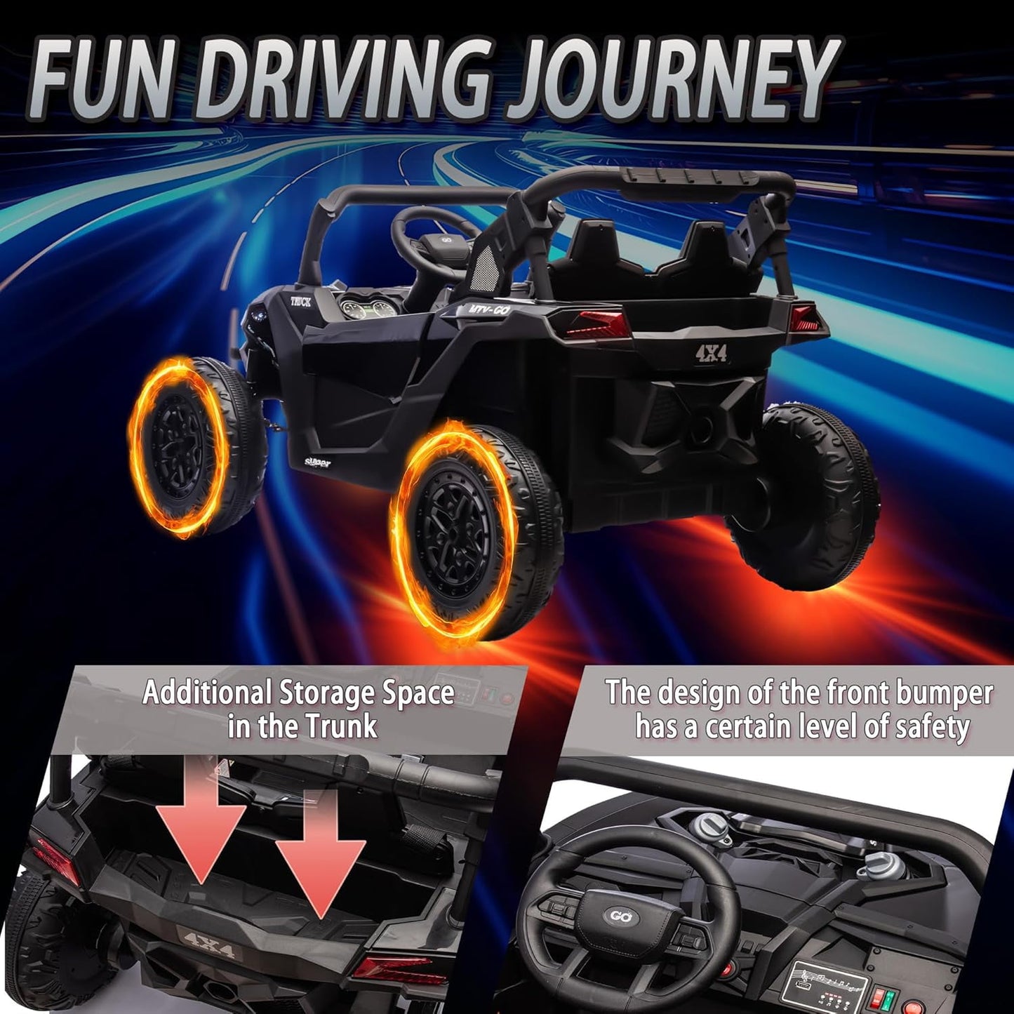 Track 7 24V 2-Seater Ride on UTV, 20" Large Seat, 2 x 200W Powerful Motors, 4.5 mph Max Speed, Ride on Car w/Remote Control, MP3, Lights, Battery Powered Electric Car for Boys Girls Age 3+, Blue