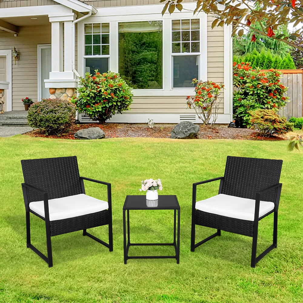 COOKCOK 3 Pieces Patio Set Outdoor Wicker Patio Furniture Sets Modern Bistro Set Rattan Chair Conversation Sets with Coffee Table for Yard and Bistro (Black)
