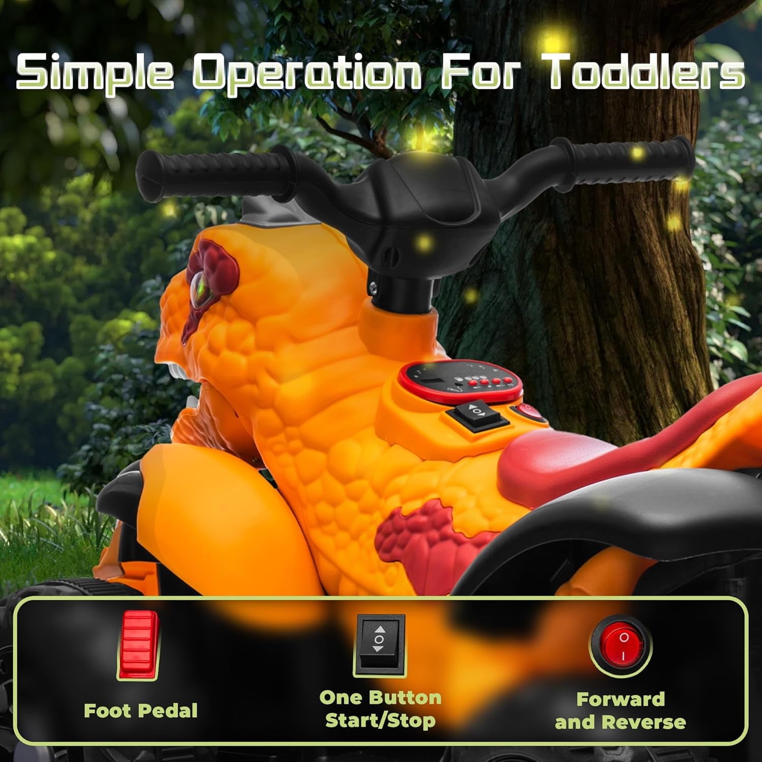 Track Seven 12V Ride-On ATV, Dinosaur Shape Electric Car, 2WD, Music, Bluetooth & Microphone, Power Display, Indoor& Outdoor Ride-On Toy Car for Boys Girls Age 2+, Yellow