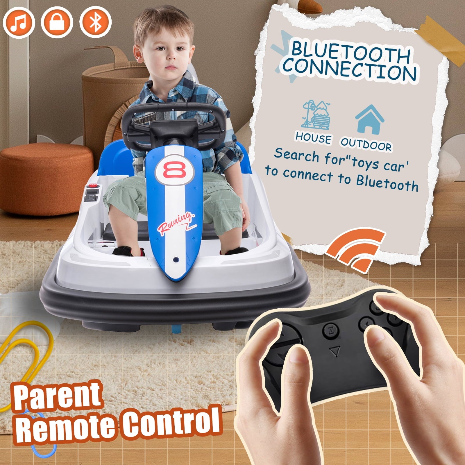 Track 7 6V Kids Ride On Bumper Car, Electric Toddles Ride On Car with Remote Control, 2 Driving Modes for Kids with Three Speed Adjustable, LED Lights, Horn, Bluetooth, White