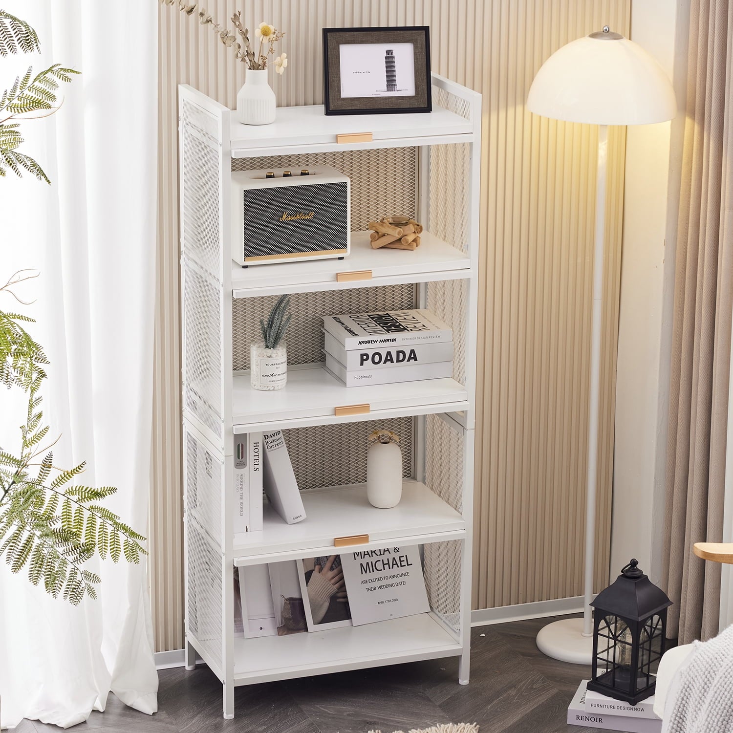 COOKCOK 5-Tier Storage Shelf, Kitchen Storage Cabinet with Flip-up PC Doors, Mobile Microwave Stand, Freestanding Kitchen Bakers Rack with 4 Rolling Casters, 23.62"x12.59"x55.51", White