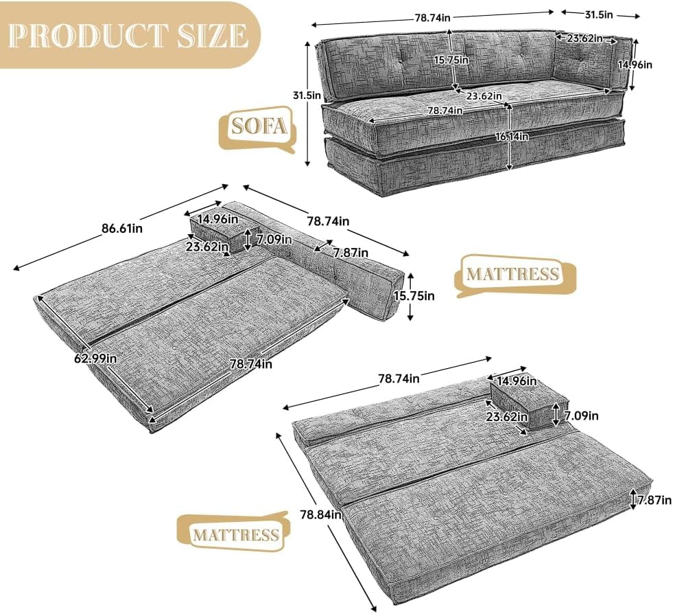 BISHE 78" Modular Sectional Sofa Bed, Chenille Fabric L-Shaped Cloud Couch with Storage Pockets, No Assembly Required, Space-Saving Convertible Sleeper for Living Room, Apartment, Office, Grey