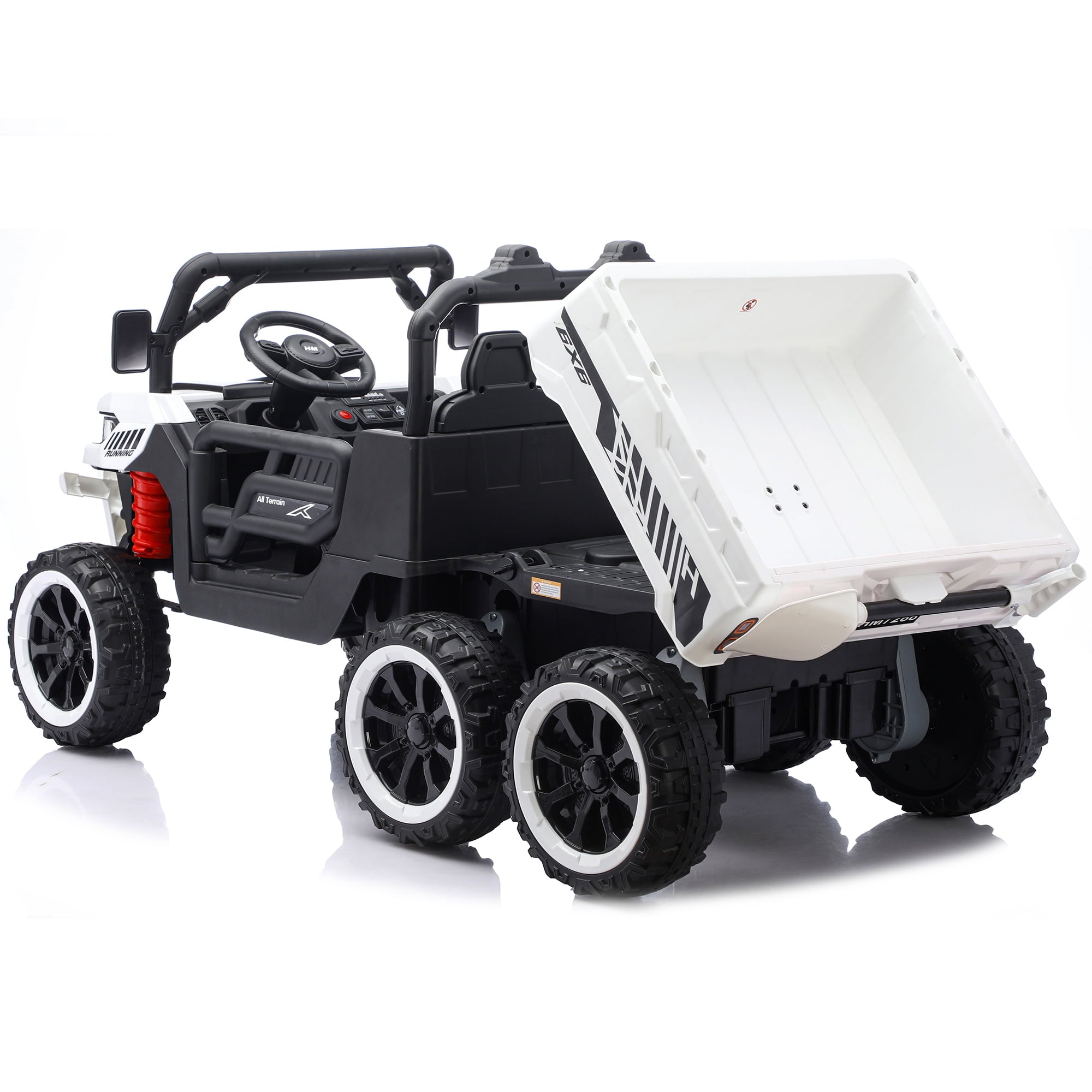 Track Seven 24V 2-Seater Ride on Dump Truck, 4WD 6-Wheel Kids Ride on Car w/Remote Control, Electric Dump Bed, Toy Shovel, Music, Max Speed 5 mph, 21" Large Seat, Ride on Toy for Kids Age 3+, White