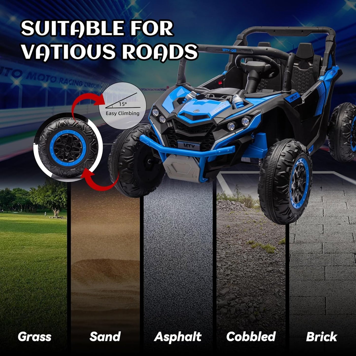 Track 7 24V 2-Seater Ride on UTV, 20" Large Seat, 2 x 200W Powerful Motors, 4.5 mph Max Speed, Ride on Car w/Remote Control, MP3, Lights, Battery Powered Electric Car for Boys Girls Age 3+, Blue