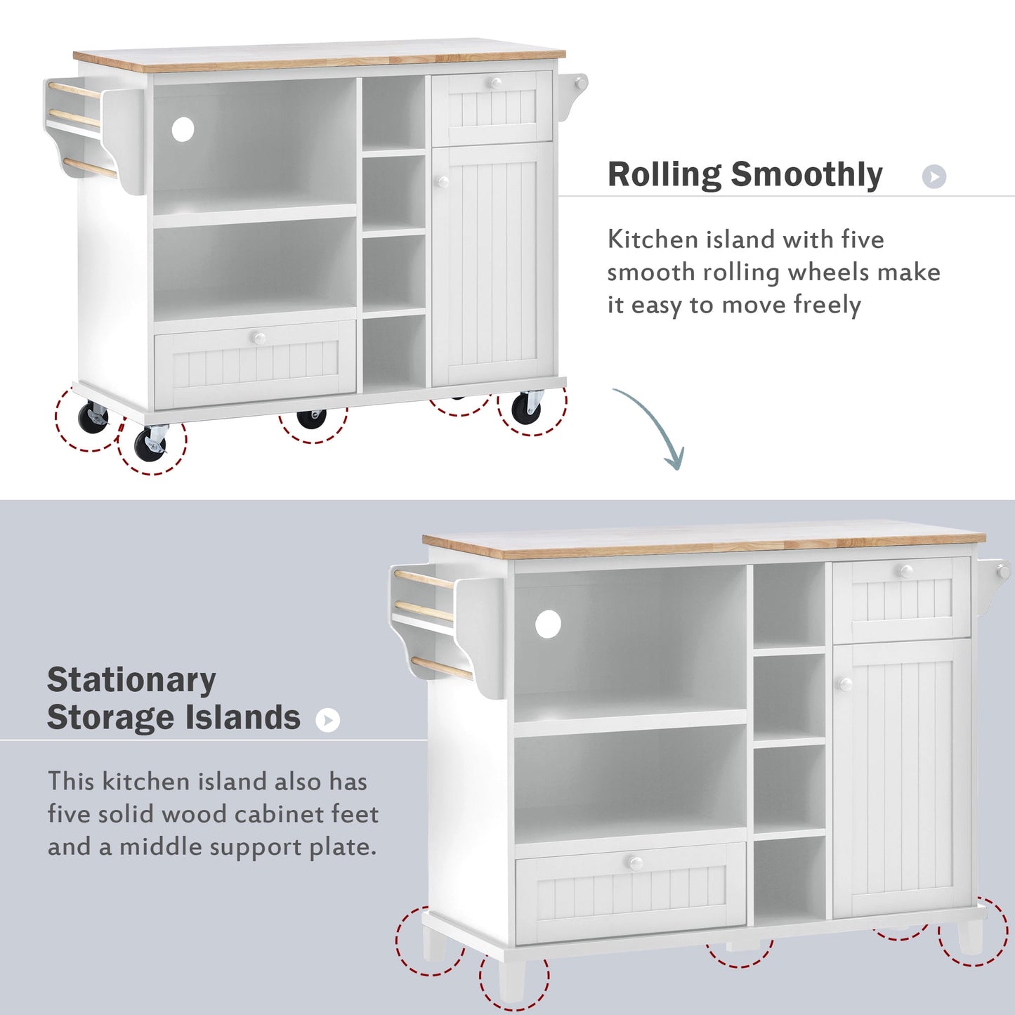 COOKCOK Kitchen Island Cart with Storage Cabinet, Rolling Mobile Kitchen Cart with Wood Desktop, Microwave Cabinet, Floor Standing Buffet Server Sideboard for Kitchen Room, Dining Room, White