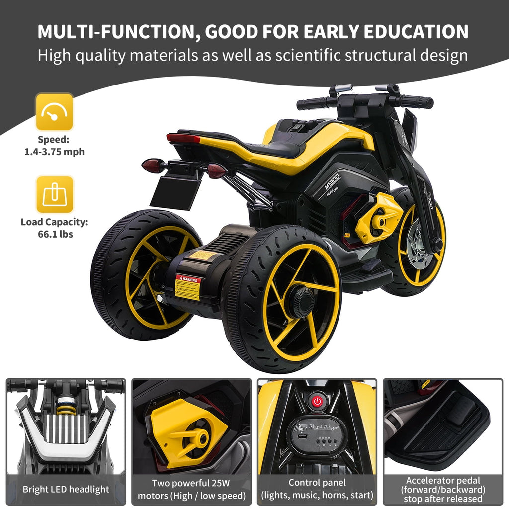 Track 7 Kids Ride on Motorcycle, 12V Electric Trike Motorcycle for Boys Girls, 3 Wheels Motorcycle for Kids, Music, Lights, Yellow