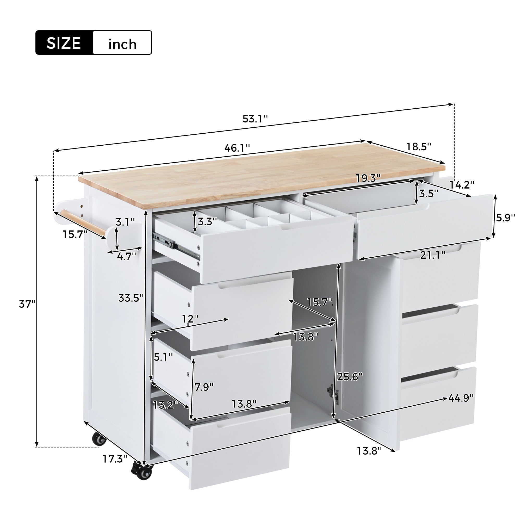 COOKCOK Kitchen Cart with Wood Countertop, Rolling Kitchen Storage Cabinet on Wheels with 8 Handle-Free Drawers, Rolling Mobile Kitchen Island with Towel Rack, 53.2" Width, White