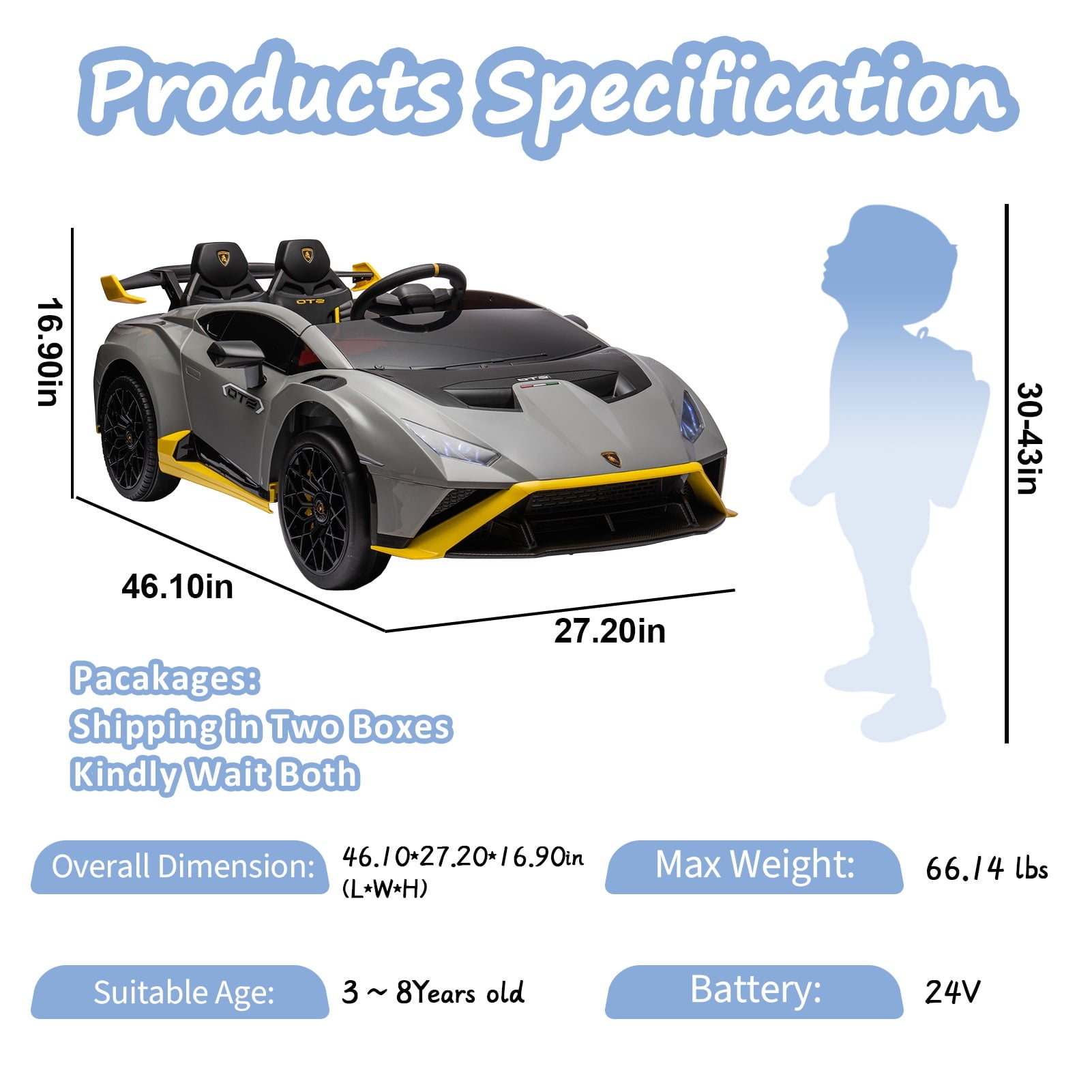 SUSIELADY 24V Kids Ride on Car, 2-Seater Licensed Lamborghini STO Drift Car, with Remote Control, Music, 360° Spin, Max Speed 6mph, for Kids Aged 3+