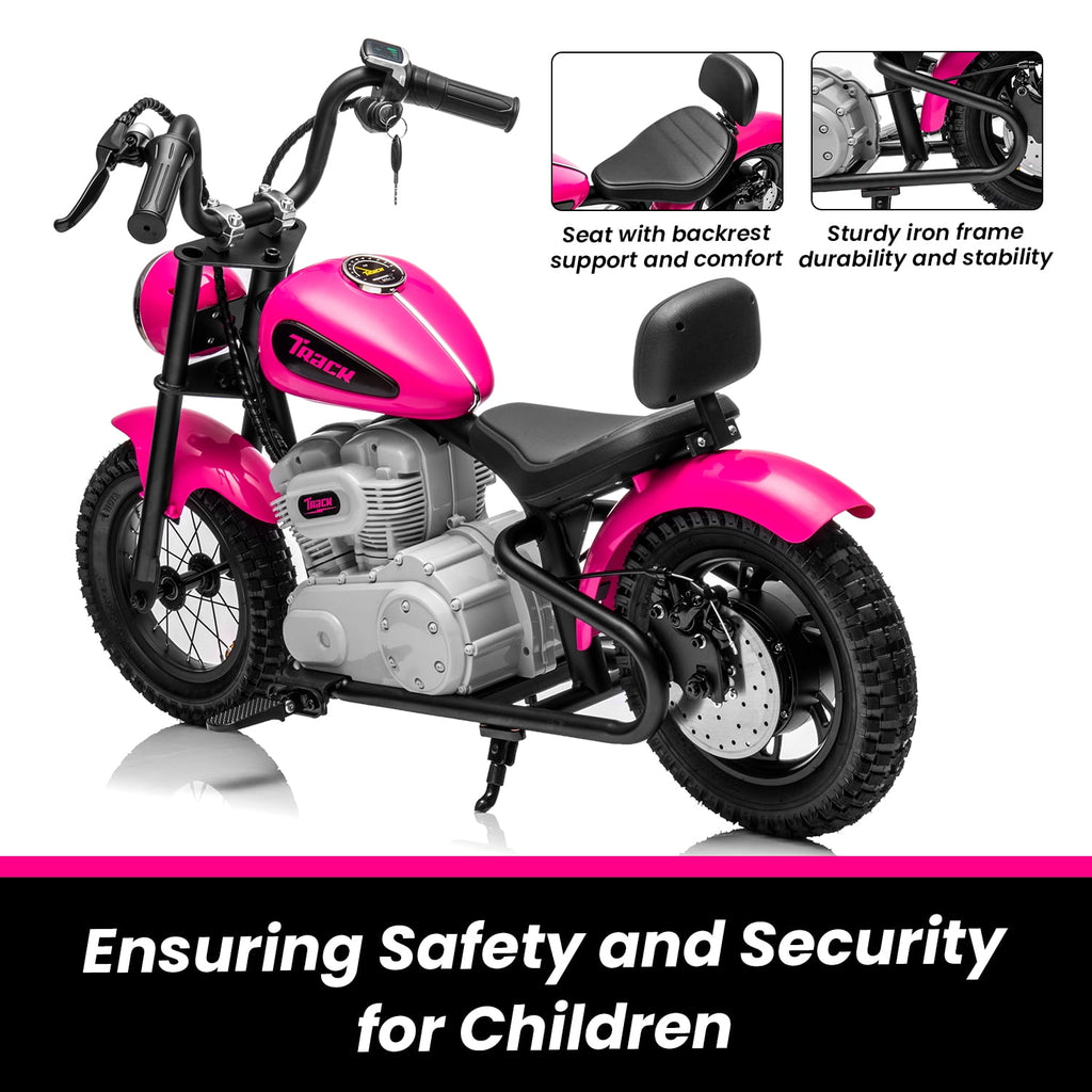 Track 7 36V Electric Dirt Bike for kids, 350W Ride on Motorcycle with Twist Grip Throttle, Hand-Operated Brakes, Key Start, Off-Road Motocross Speed Up to 15 MPH, Age 8+, Pink