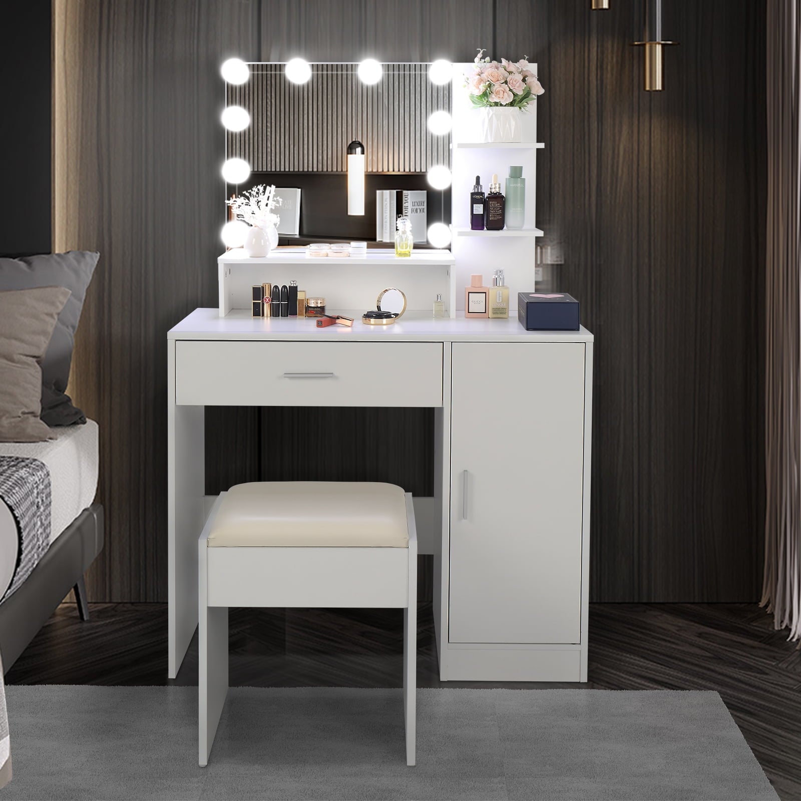 COOKCOK Vanity Set with Lighted Mirror, 10 LED Bulbs Vanity Dressing Table with 3 Storage Shelves 1 Drawer 1 Cabinet, Makeup Table with Cushioned Stool, White