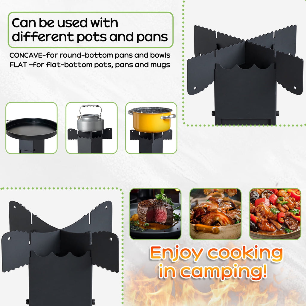 COOKCOK Camping rocket stove, Foldable, 9.44"D x 17"W x 21.3"H, Alloy Steel, Black