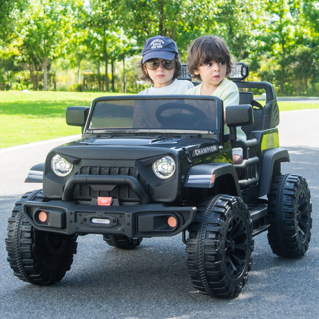 Track 7 24V Ride on Truck, 2 Seater Ride On Toy Car for Big Kids, 19.7" Large Wide Seat, 4WD Electric Truck Car with Music, Bluetooth, Light and Searchlight, Max Speed 4.35 mph, Black