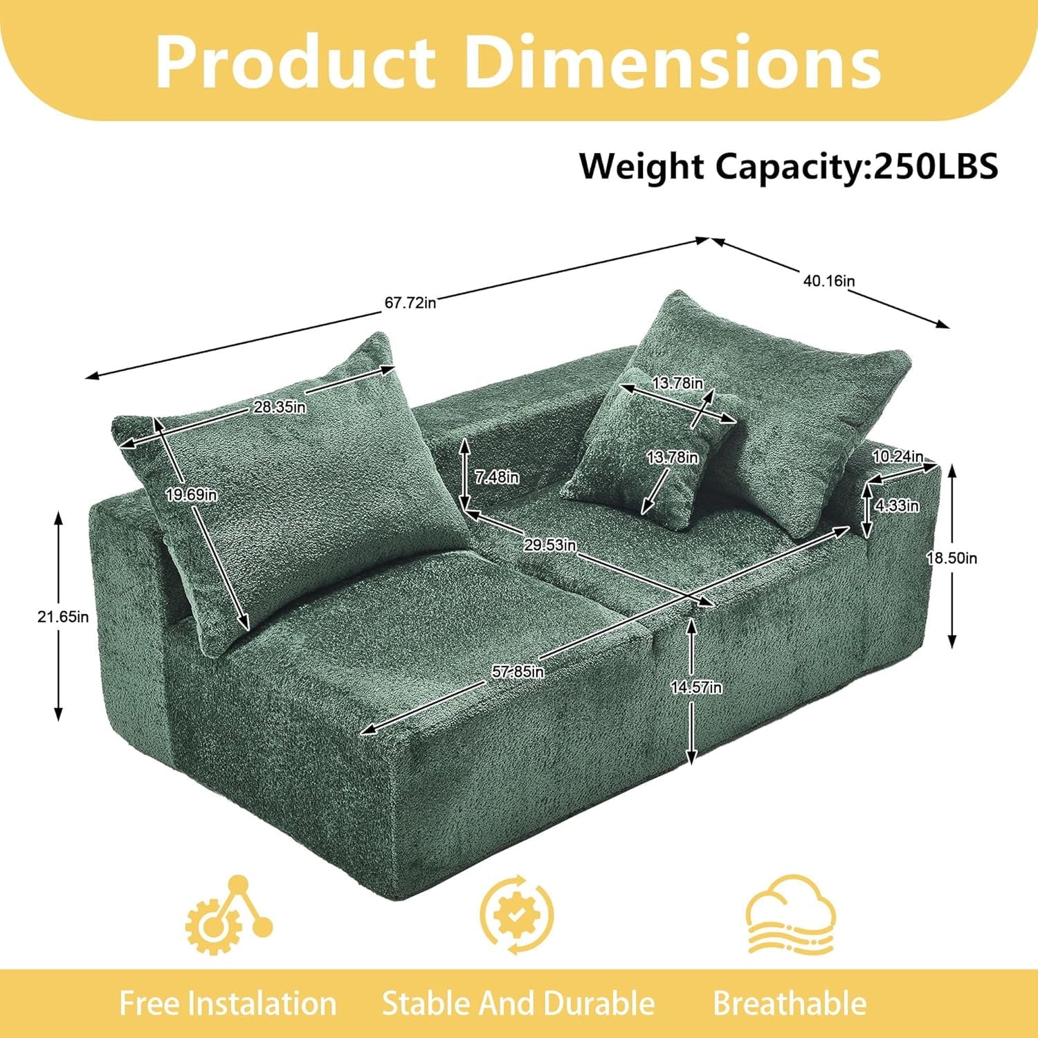 BISHE 67.72"-R Modular Sectional Sofa Couch, L-Shaped Chenille Fabric Cloud Couch with Chaise, Modern Deep Seat Sofa, No Assembly Required, Includes Pillows for Living Room, Emerald