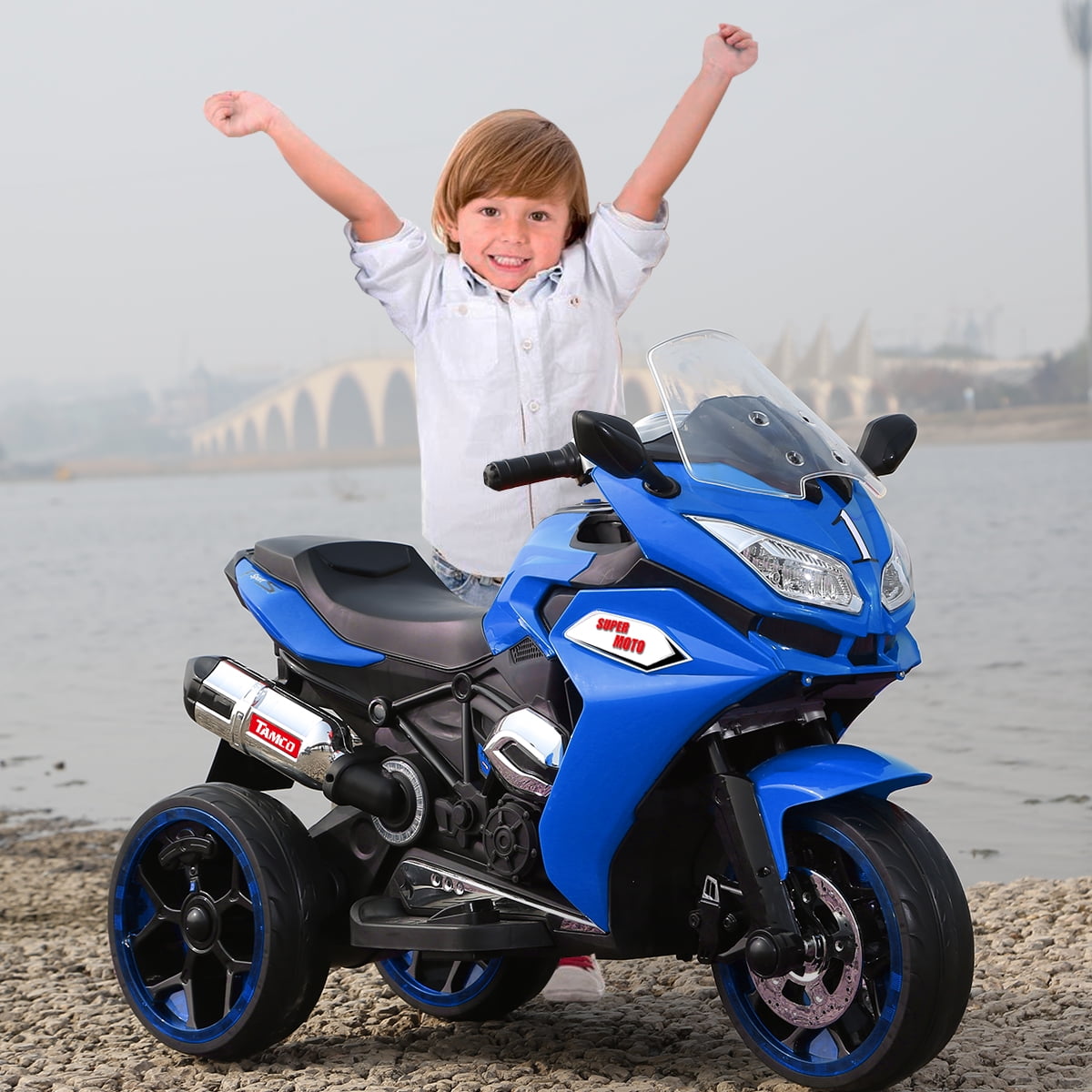Track 7 12 V Kids Ride on Motorcycle, 3 Wheels Electric Trike Motorcycle for Boys and Girls, Light Wheels, Music, Headlights, Blue