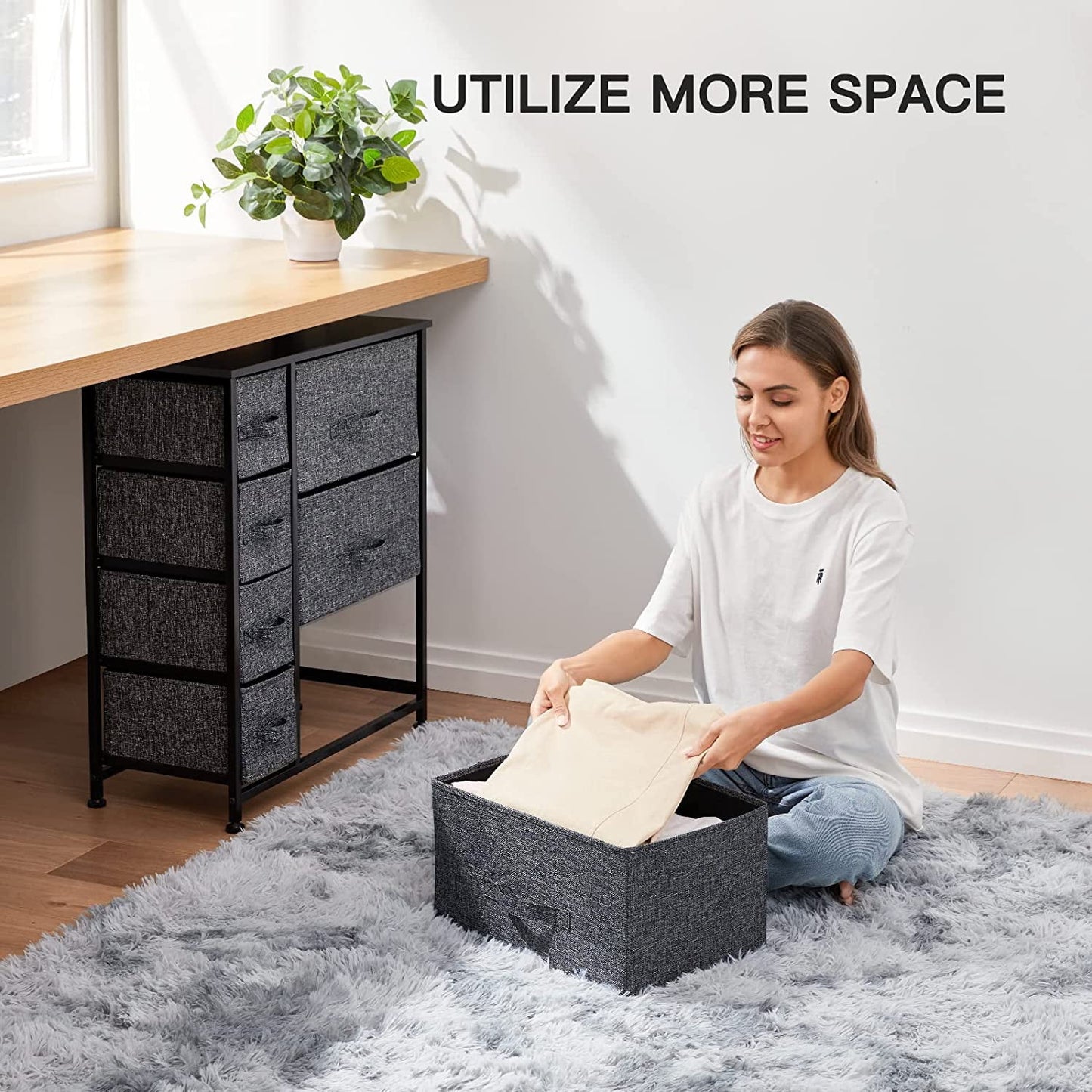 COOKCOK Fabric Dresser with 7 Drawers,Storage Tower Drawer Dresser for Bedroom, Closets, Bedroom, Nursery Room, Hallway, Entryway, with Wood Top and Easy Pull Handle,Dark Grey