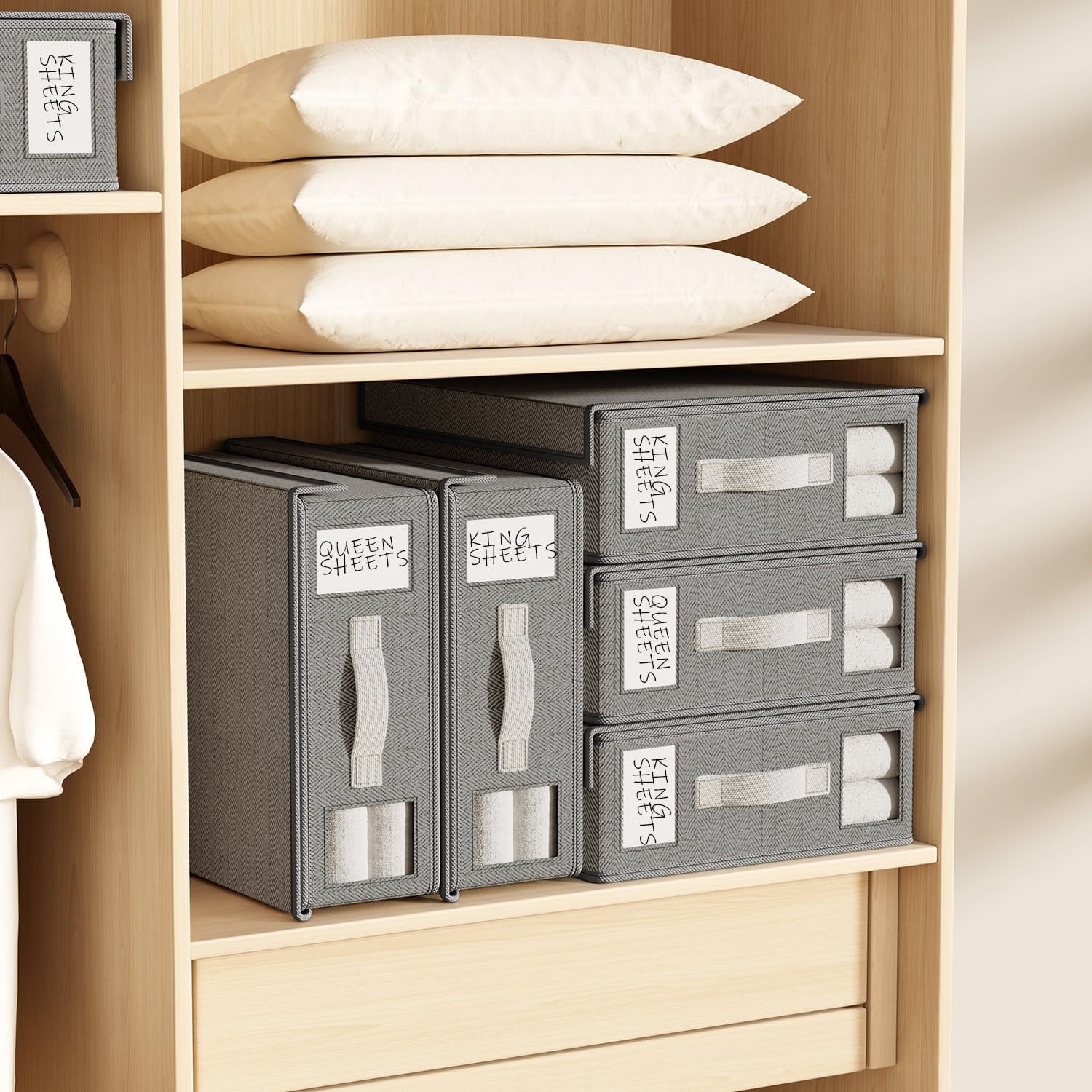 COOKCOK 4 Pack Bed Sheet Organizers and Storage, Foldable Sheet Organizer for Linen Closet, Sheets Set Folder Keeper with Window XL (Queen & King Size) Organizing Bedding Container, Grey