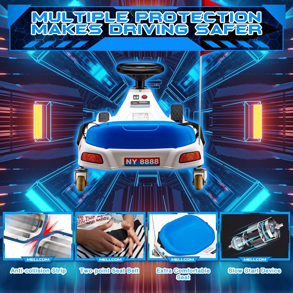 Track 7 24V Electric Drifting Go Kart for Kids, Kids Electric Go Kart w/360-Degree Spin, Music, Bluetooth, Flag, Drift Kart Up to 7.5 mph, Blue