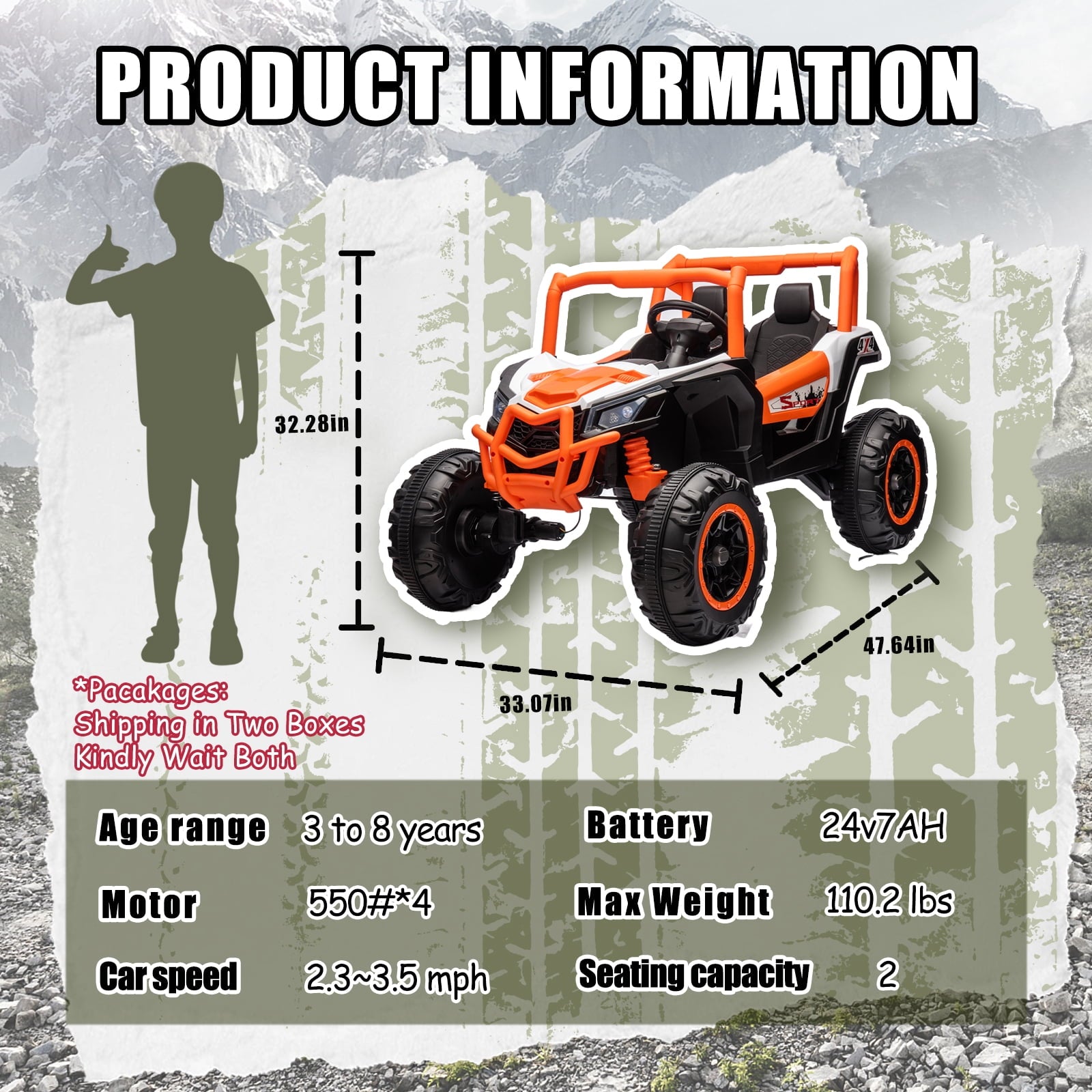 Track 7 24V Ride on UTV, 2-Seater Ride on Car with Remote Control, Music, 2 Speed, Key Start, 4x4 Ride on Off-Road Truck, Blue